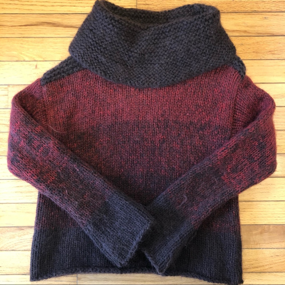 MODA International Women's Brown & Maroon Lambs Wool Funnel Neck Sweater Medium